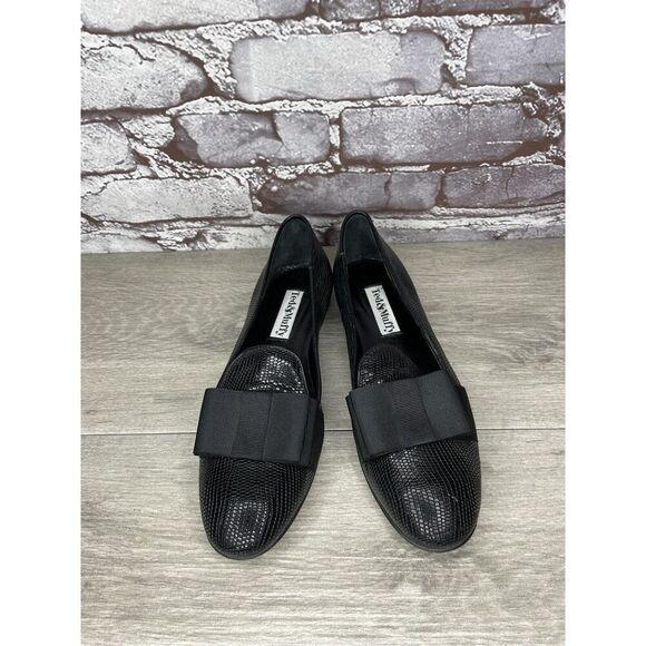 Ted & Muffy Black Leather Bow Slip On Heel Pump Shoes Women’s Sz 36EU/6M US - Picture 1 of 16